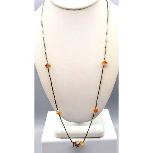 Vintage Liquid Silver and Carnelian Chips Necklace, Sterling and Orange Stone